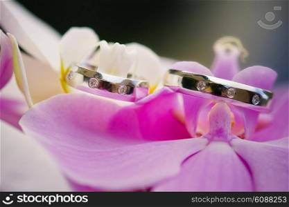 wedding rings with pink orchid