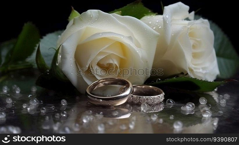 Wedding rings with white rose flowers on a white veil, festive composition. Header banner mockup with copy space. AI generated.. Wedding rings with white rose flowers on a white veil, festive composition. AI generated.