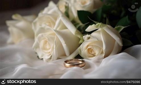 Wedding rings with white rose flowers on a white veil, festive composition. Header banner mockup with copy space. AI generated.. Wedding rings with white rose flowers on a white veil, festive composition. AI generated.