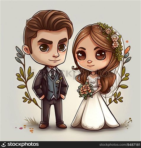 Wedding romantic man and woman scene, bride and groom couple on marriage party ai generated characters. Newlywed spouse in wedding gowns, cartoon anniversary celebration. Romantic couple in wedding gown, ai generated