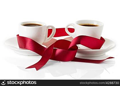 Wedding still life, two cups of coffee with ribbons