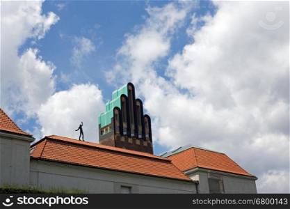 Wedding tower (five finger tower) and art figure, Mathildenhoehe Darmstadt (Hesse, Germany)