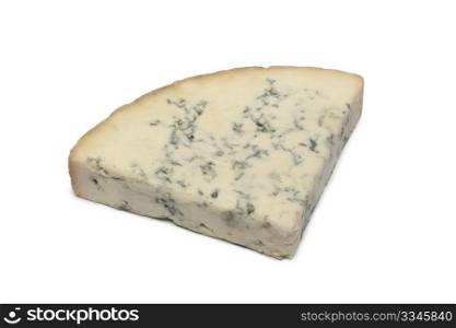 Wedge of Blue Stilton cheese on white background