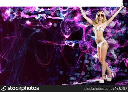 Weekend party. Young pretty woman with blank white banner. Place for text