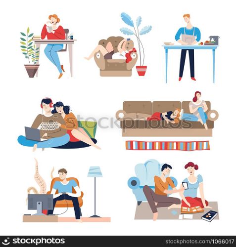 Weekends at home people with passive lifestyle relaxing at house vector couple watching film on laptop man cooking student doing homework girl listening to music friends lying newlywed looking at photos. Weekends at home people with passive lifestyle relaxing