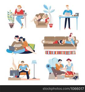 Weekends at home people with passive lifestyle relaxing at house vector couple watching film on laptop man cooking student doing homework girl listening to music friends lying newlywed looking at photos. Weekends at home people with passive lifestyle relaxing