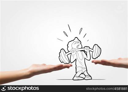 Weight lifter. Funny caricature of man hardly lifting heavy barbell