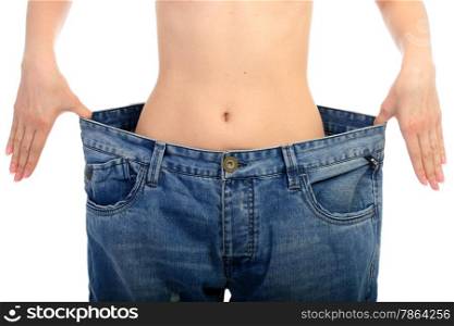Weight loss concept. Beautiful woman belly over white.