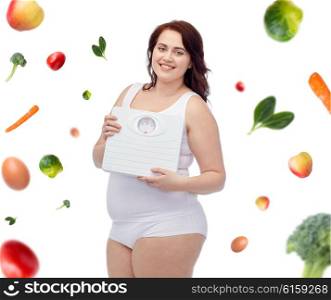 weight loss, diet, slimming, healthy eating and people concept - happy young plus size woman in underwear holding scales over food background
