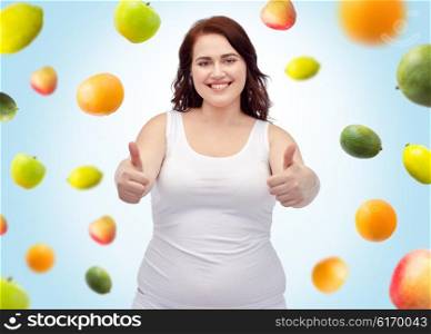 weight loss, diet, slimming, healthy eating and people concept - smiling young plus size woman in underwear showing thumbs up over blue background with fruits