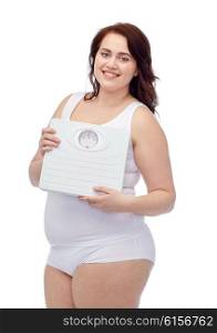 weight loss, diet, slimming, plus size and people concept - happy young plus size woman in underwear holding scales