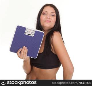 Weight loss woman on scale happy on scales over white