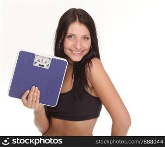 Weight loss woman on scale happy on scales over white