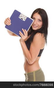 Weight loss woman on scale happy on scales over white