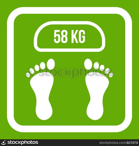 Weight scale icon white isolated on green background. Vector illustration. Weight scale icon green