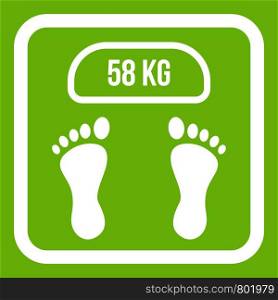 Weight scale icon white isolated on green background. Vector illustration. Weight scale icon green