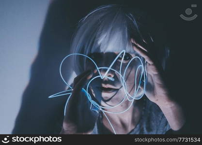 Weird dystopian theme portrait with blue neon lights