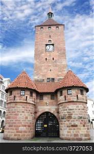 Weisser Turm or White Tower in Nuremberg old town, Nurnberg, Franconia, Bavaria, Germany.