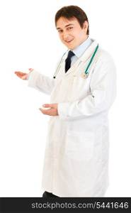 Welcome! Friendly young medical doctor inviting to cooperation isolated on white&#xA;