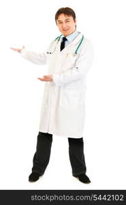 Welcome! Full length portrait of friendly medical doctor inviting to cooperation isolated on white&#xA;