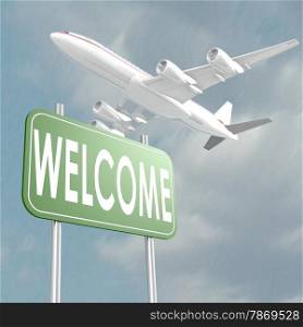 Welcome sign with airplane image with hi-res rendered artwork that could be used for any graphic design.. Welcome sign with airplane