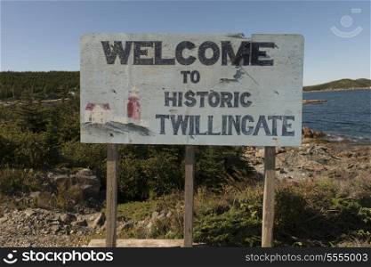 Welcome signboard at coast, Hillgrade, Twillingate, South Twillingate Island, Newfoundland And Labrador, Canada