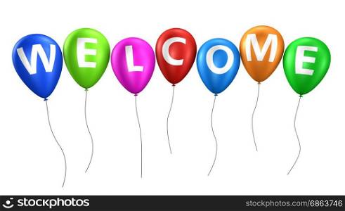 Welcome word and sign on colorful balloons isolated on white background 3D illustration.