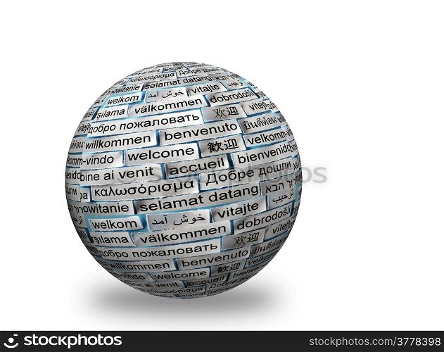 welcome Word Cloud in different languages on 3d sphere