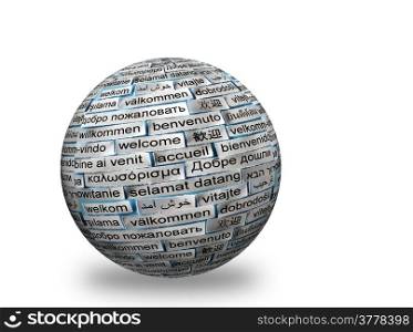 welcome Word Cloud in different languages on 3d sphere