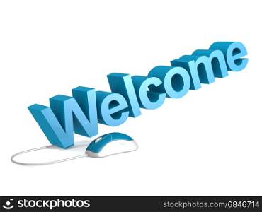 Welcome word with blue mouse, 3D rendering. Welcome word with blue mouse