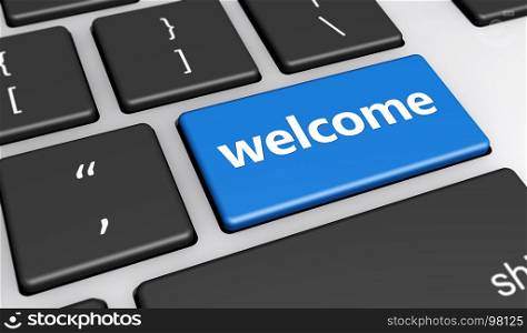 Welcoming website and blog concept with welcome sign and word on a blue computer key 3D illustration.