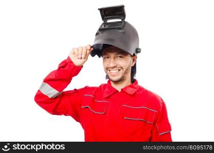 Welder in red overalls isolated on white