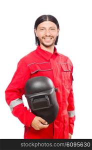 Welder in red overalls isolated on white