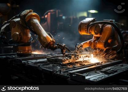 Welding robot arms weld the steel product, modern industrial production.