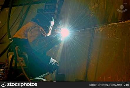 welding with mig-mag method inside of shipyard