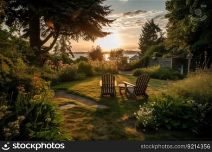 well-kept garden with relaxing rocking chair and view of the sunset, created with generative ai. well-kept garden with relaxing rocking chair and view of the sunset