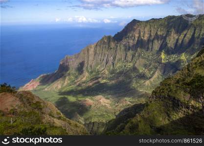 Well-known Napali coast as a panorama with wonders of nature