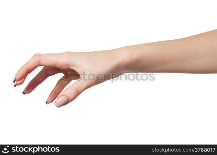 Well shaped Female hand reaching for something isolated on a white background