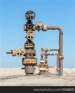 Wellhead with valve armature. Oil, gas industry.