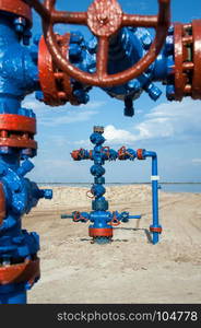 Wellhead with valve armature. Oil, gas industry.. Oilwell. gas and oil concepte