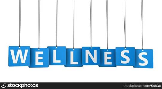 Wellness sign and word on blue paper tags 3D illustration.