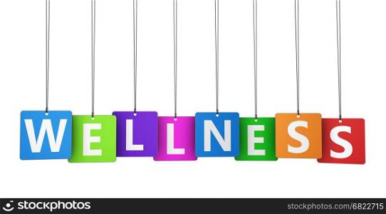 Wellness sign and word on colorful paper tags 3D illustration.