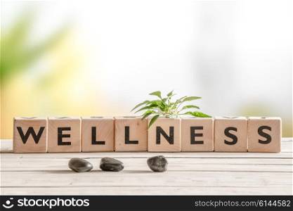 Wellness sign with wooden cubes and flowers and stones