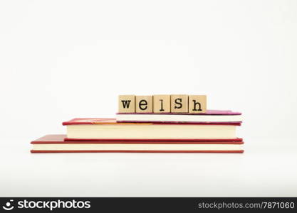 welsh word on wood stamps stack on books, language and study concept