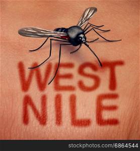 West nile virus disease as a mosquito borne illness as a bite on human anatomy with red text on skin as a medical infection syndrome symbol in a 3D illustration style.