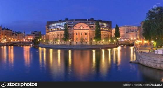 West view of the Parliament House in the Old Town at night in Stockholm , capital of Sweden. Riksdagshuset in Stockholm, Sweden