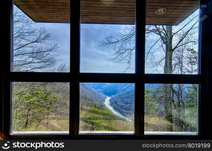 West Virginia&rsquo;s New River Gorge is viewed from the visitor center window