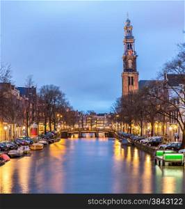 Westerkerk, West Church cathedral in Amsterdam Netherlands at dusk