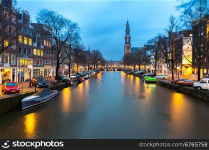 Westerkerk, West Church cathedral in Amsterdam Netherlands at dusk