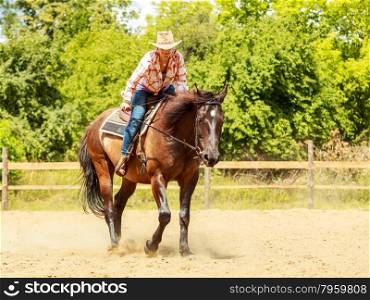 Western cowgirl woman riding horse. Sport activity. Active western cowgirl woman in hat training riding horse. American girl in countryside ranch. Horseback sport activity.